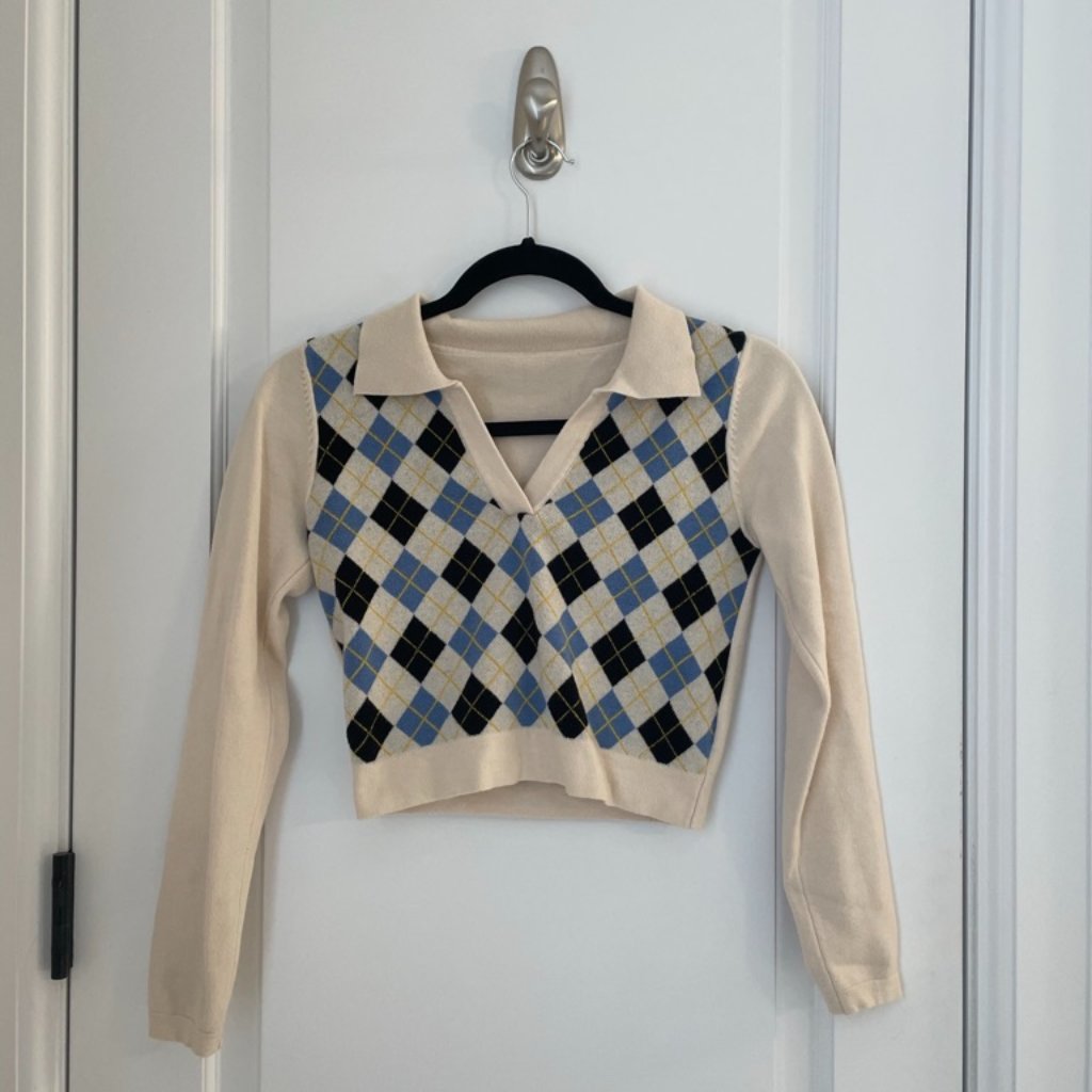 Cropped Collared Argyle-Patterned Sweater